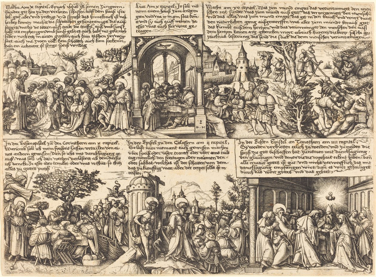 Jesus Christus gibt den Aposteln den Auftrag und andere Szenen aus dem Neuen Testament von Daniel Hopfer