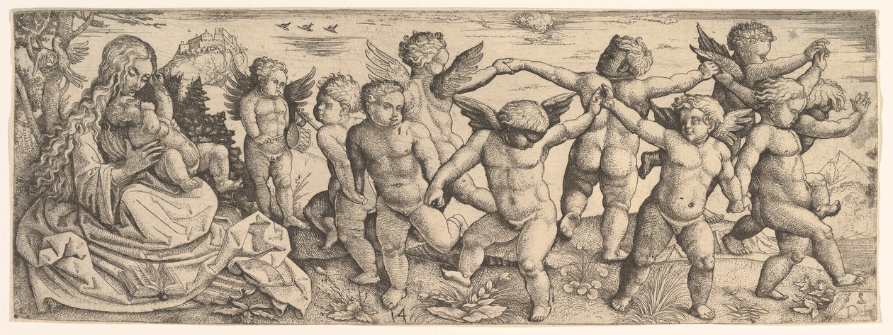 Jungfrau und Kind mit tanzenden Engeln in einer Landschaft (1530er Jahre) von Daniel Hopfer