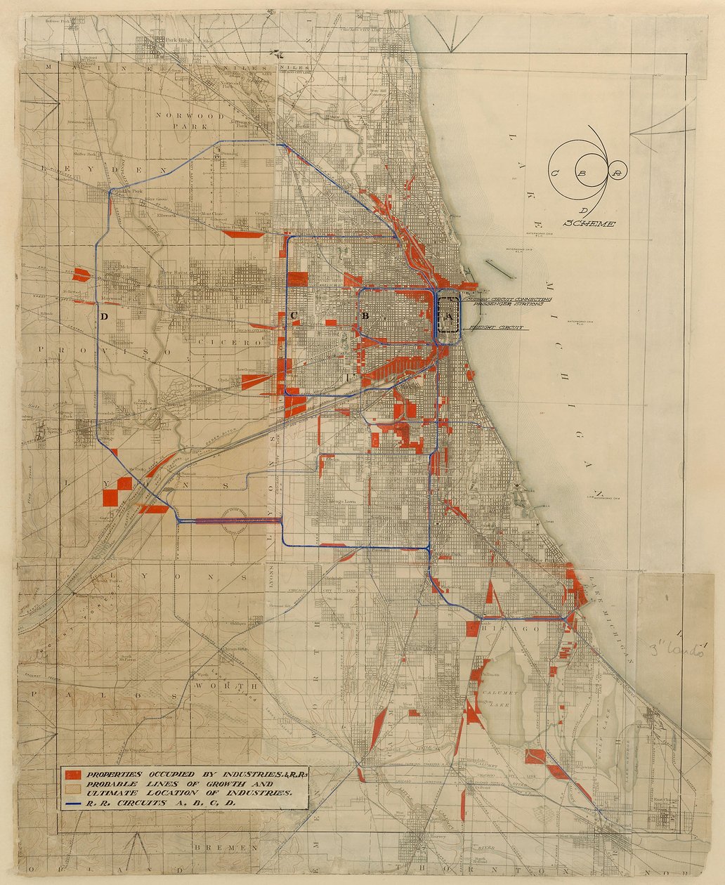 Plan von Chicago, Chicago, Illinois, Eisenbahnschaltkreise Diagramm von Daniel Hudson Burnham