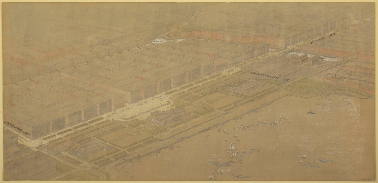 Tafel 114 aus Der Plan von Chicago, 1909: Chicago. Vorgeschlagene Boulevard und Parkstraße an der Michigan Avenue und Pine Street von Daniel Hudson Burnham