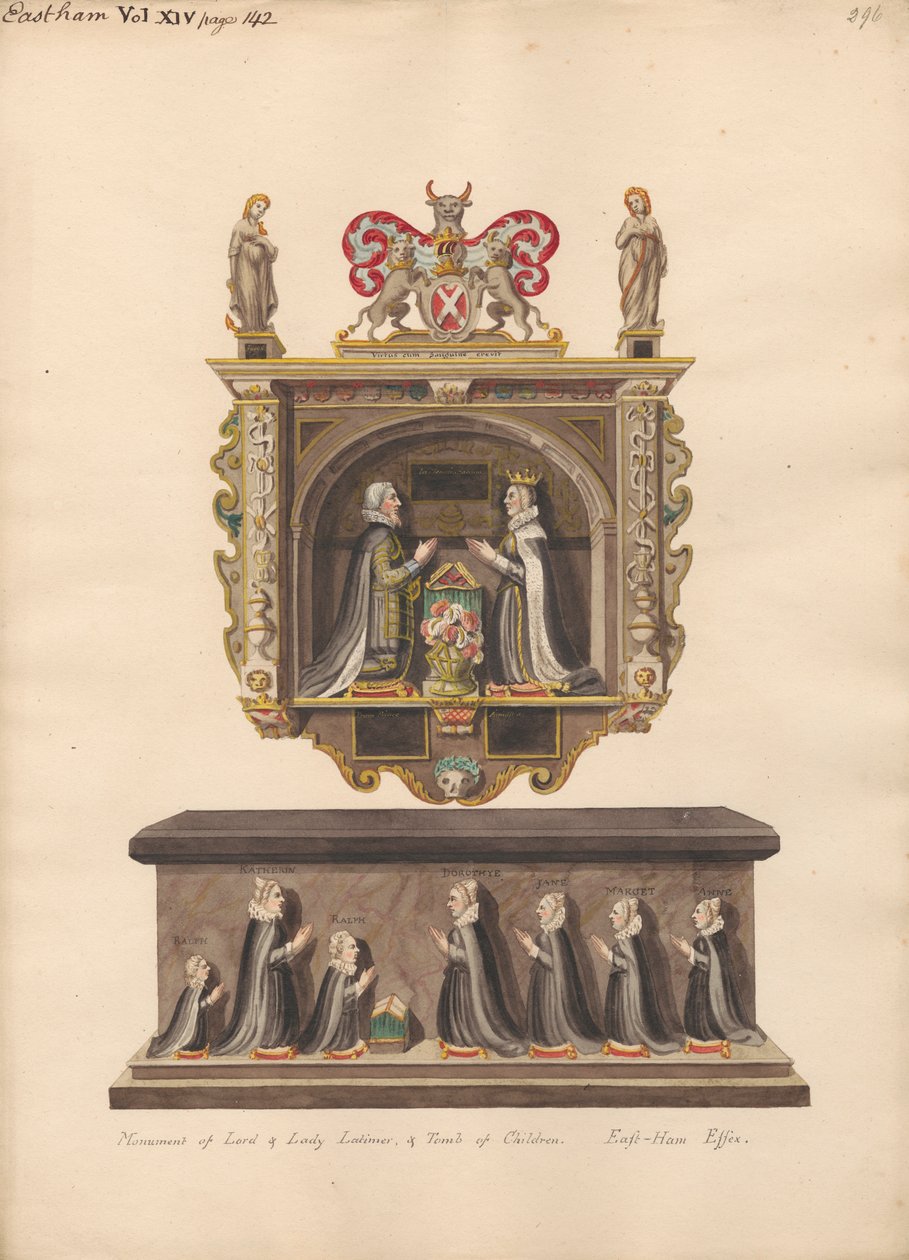 Denkmal für Lord und Lady Latimer und Grab der Kinder Ralph, Katherin, Ralph, Dorothye, Jane, Margaret und Anne aus der East Ham Kirche von Daniel Lysons