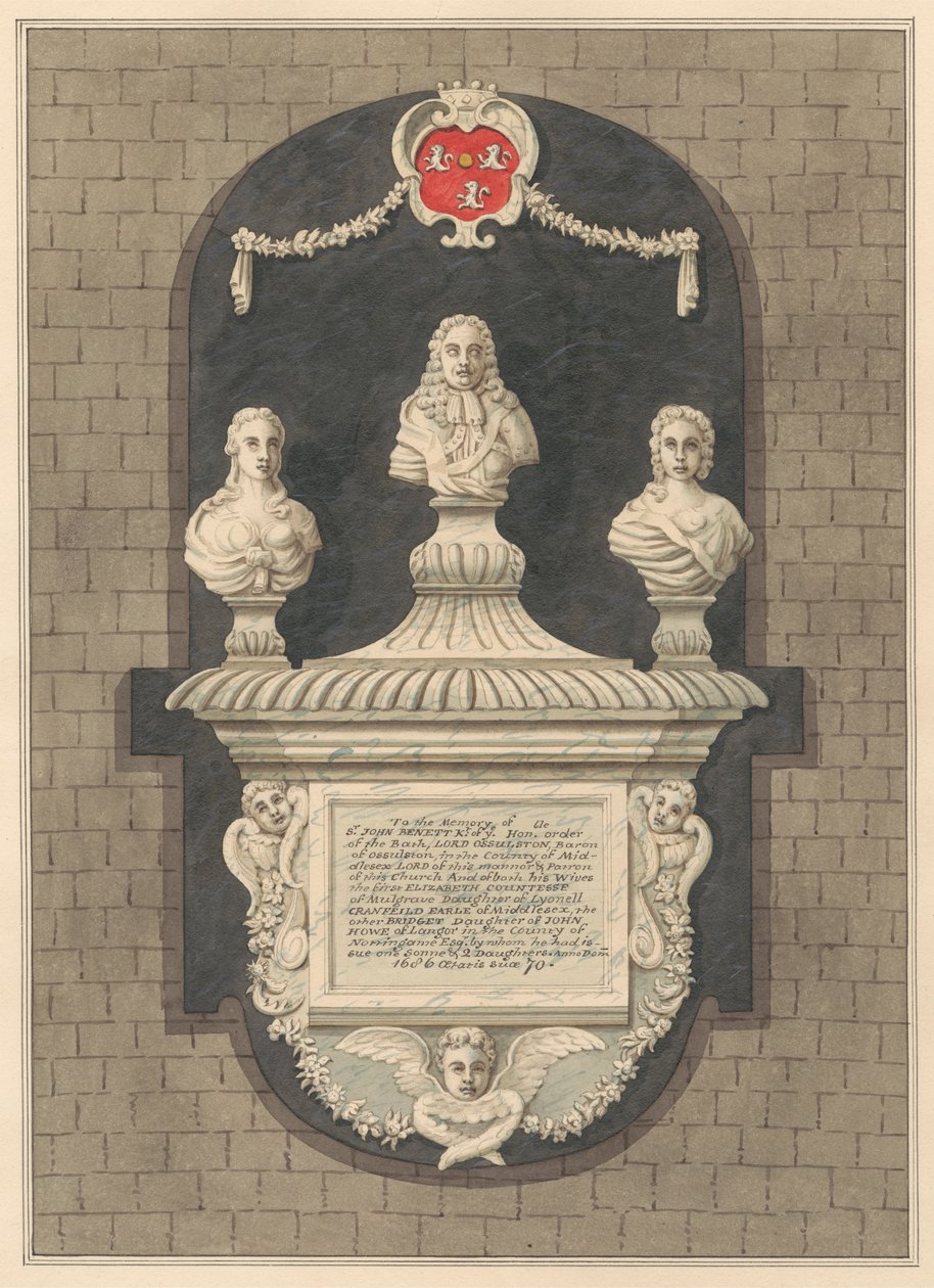 Denkmal für Sir John Benett und seine Frauen Elizabeth und Bridget aus der Kirche von Harlington von Daniel Lysons
