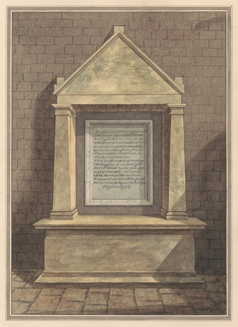 Gedenkstätte für zwei Cousinen, beide namens Elizabeth Isaak, aus der Kirche von Hanworth von Daniel Lysons