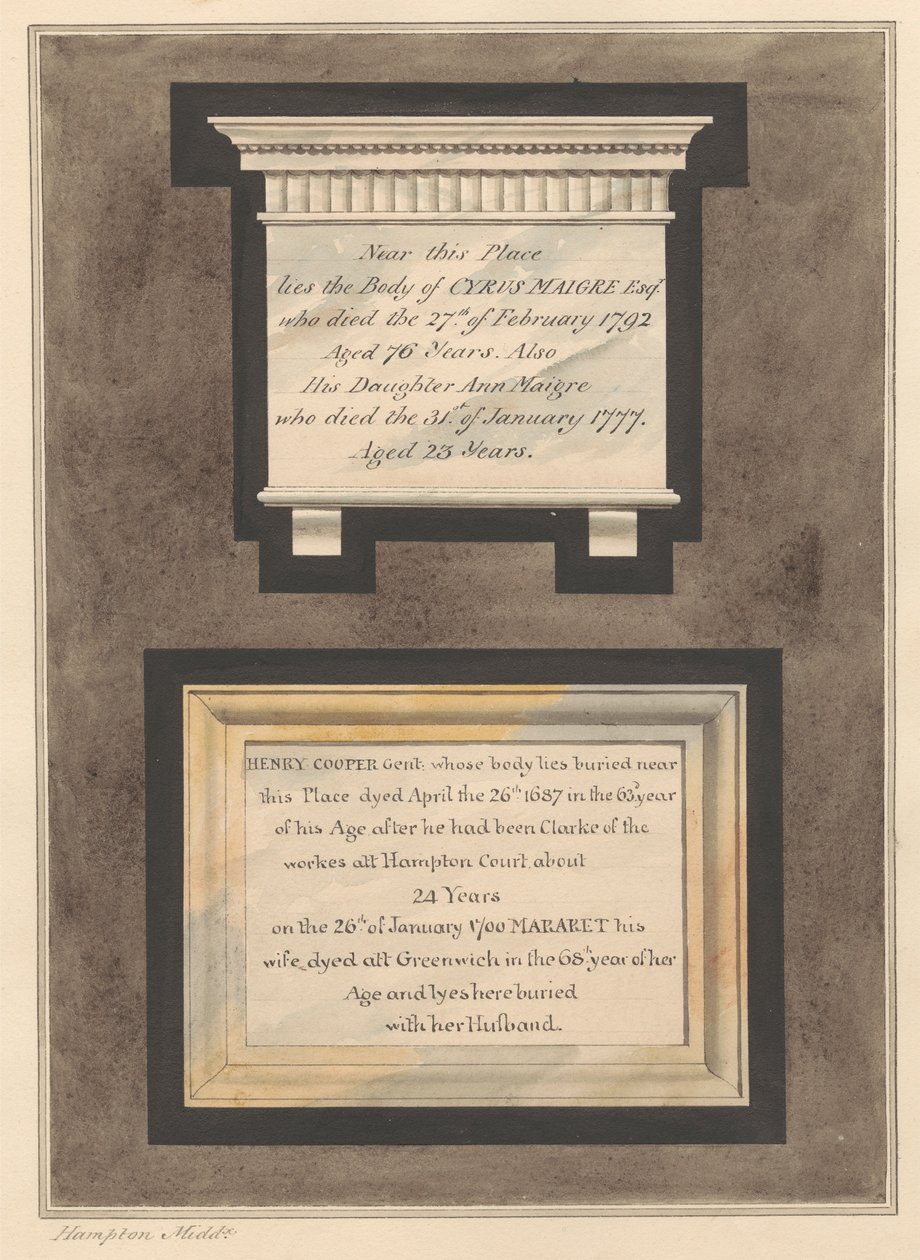 Denkmäler für Cyrus Maigre, Ann Maigre und Henry und Margaret Cooper aus der Hampton Church von Daniel Lysons