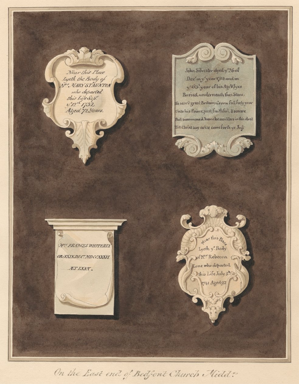 Gedenkstätten für Mrs. Mary Staunton, John Silvester, Mrs. Frances Whiterly und Mrs. Rebecca Lone aus der Kirche von Bedfont von Daniel Lysons