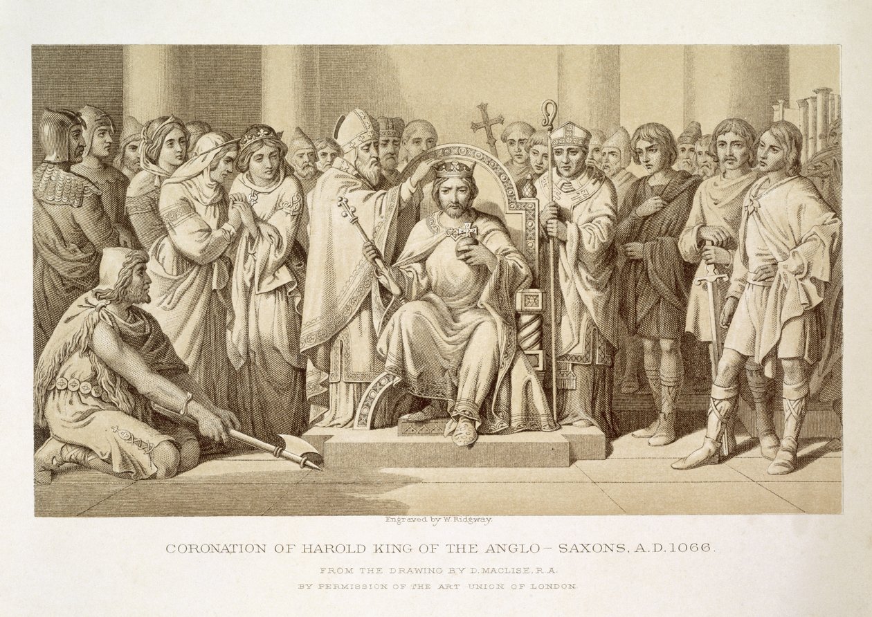 Krönung von Harold, König der Angelsachsen, graviert von W. Ridgeway von Daniel Maclise