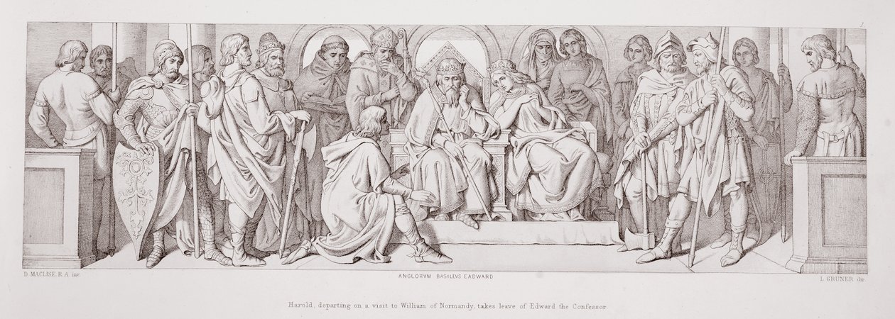 Harold, der sich auf einen Besuch bei Wilhelm von der Normandie begibt, verabschiedet sich von Edward dem Bekenner, aus 