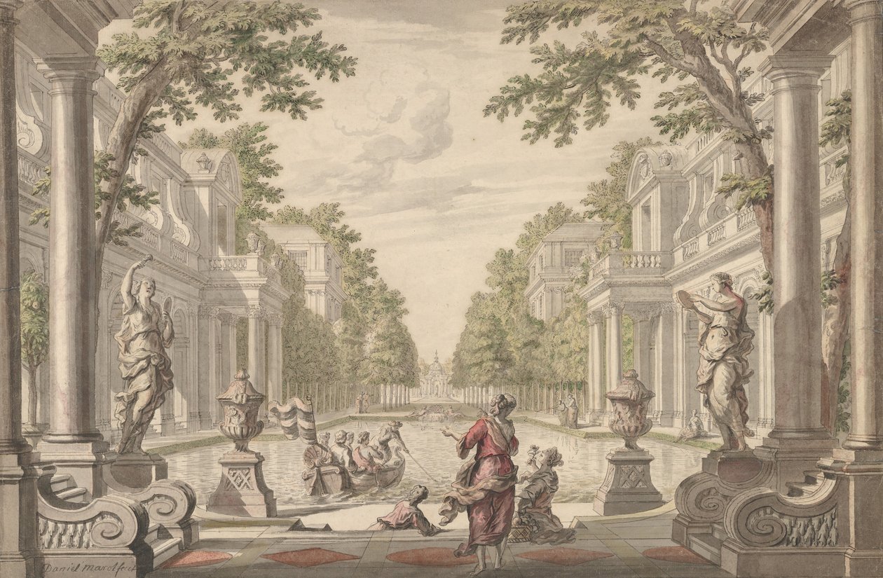 Ansicht eines Palastgartens mit einem zentralen Teich, umgeben von klassischer Architektur..., ca. 1700-1720 von Daniel Marot
