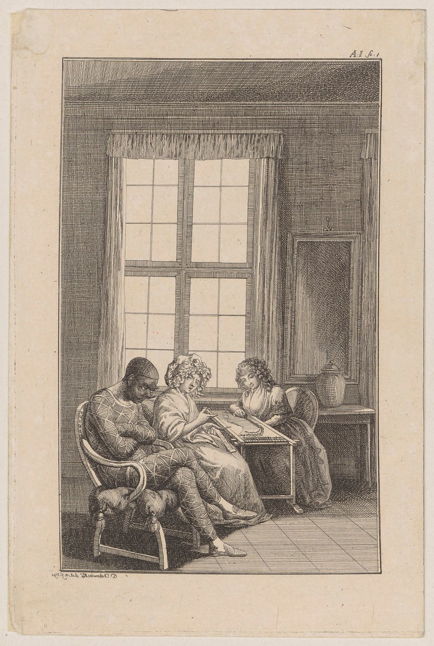 Blatt 1 zu Ewalds Schauspiel "Harlekin Patriot" von Daniel Nikolaus Chodowiecki