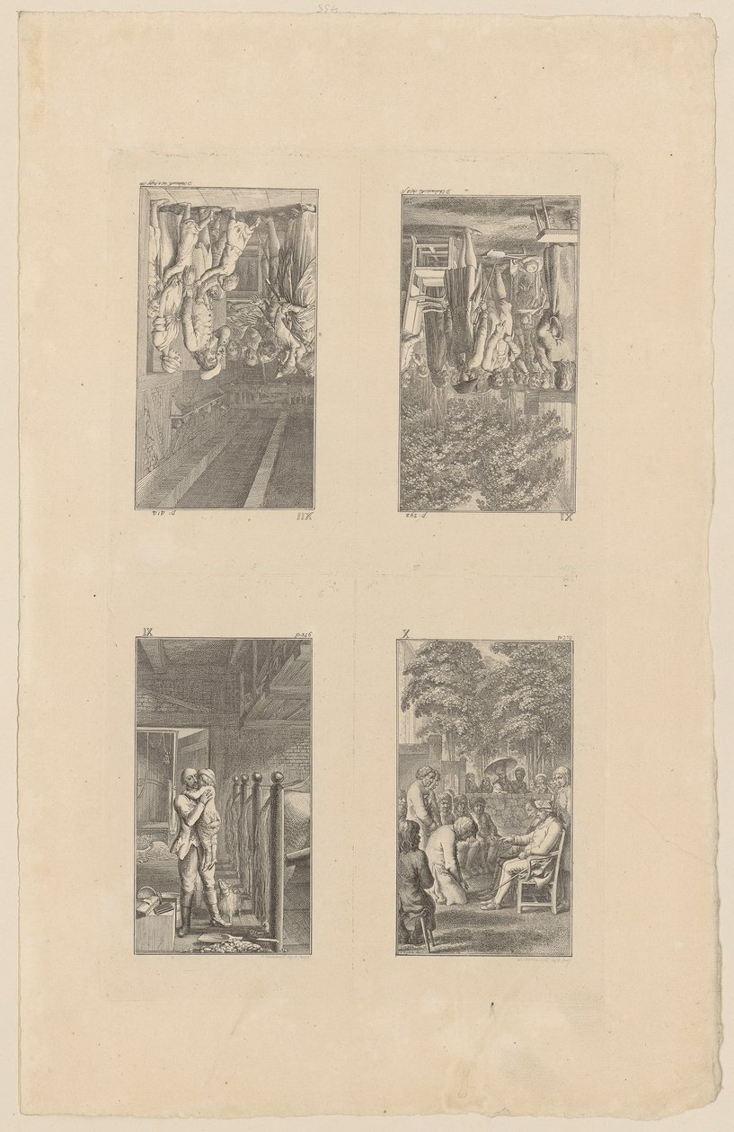 Blatt 9-12 zu Pestalozzis Lienhard und Gertrud von Daniel Nikolaus Chodowiecki