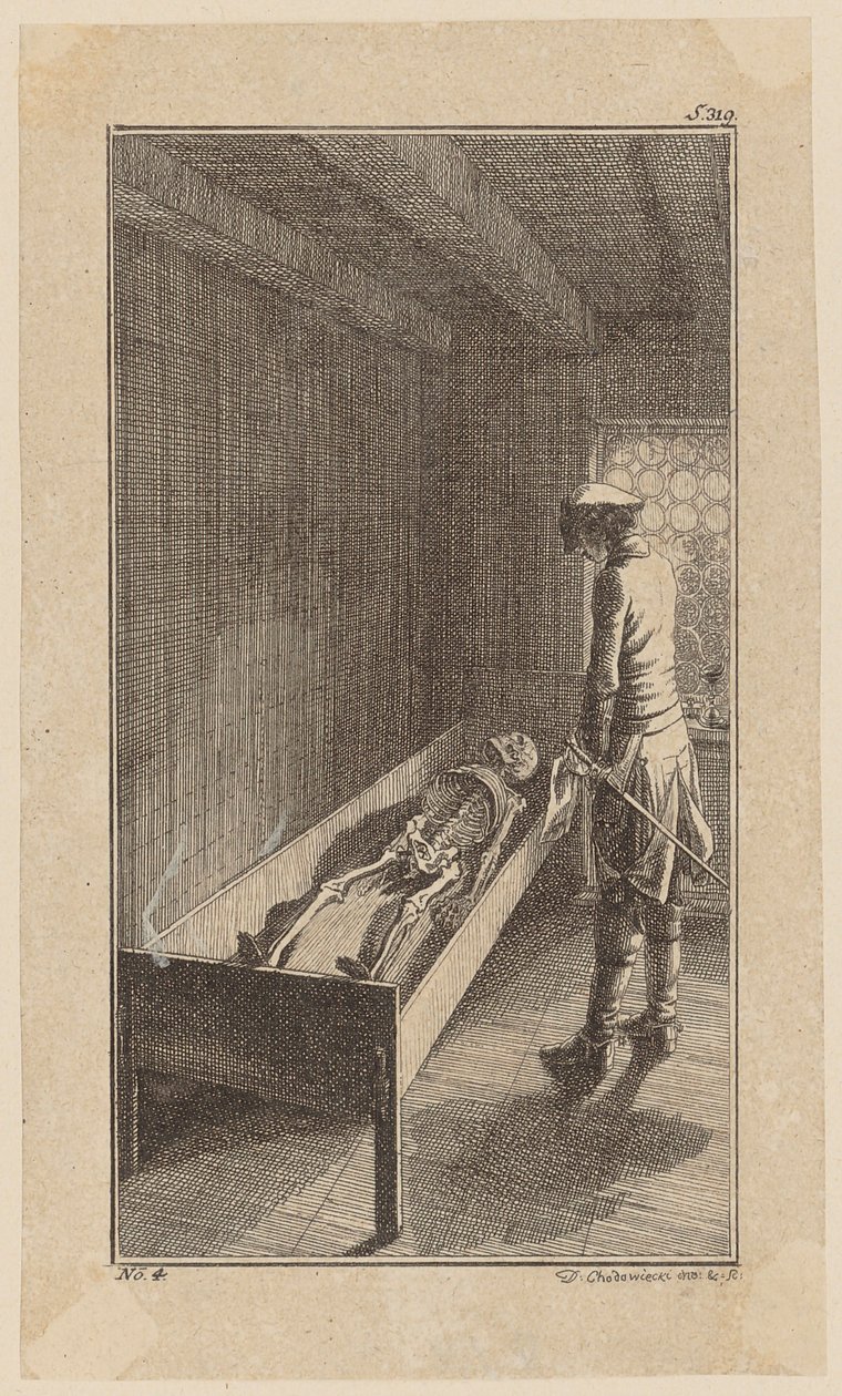Bunkel betrachtet das Skelett John Ortons, Blatt 4 aus "Leben Bemerkungen und Meinungen Johann Bunkels" von Daniel Nikolaus Chodowiecki