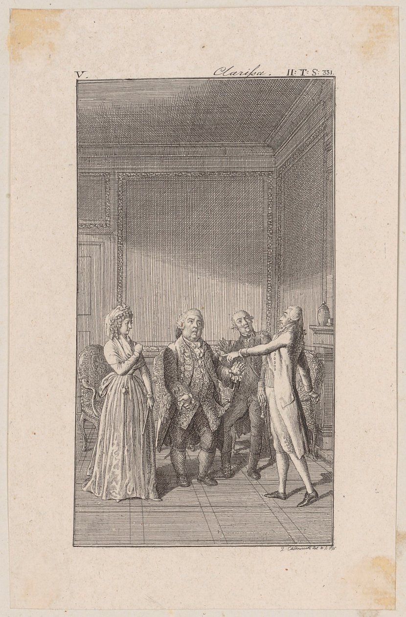 Clarisse, ihr Onkel Anton, ihr Bruder Jacob und Solmes in einer Unterhaltung von Daniel Nikolaus Chodowiecki