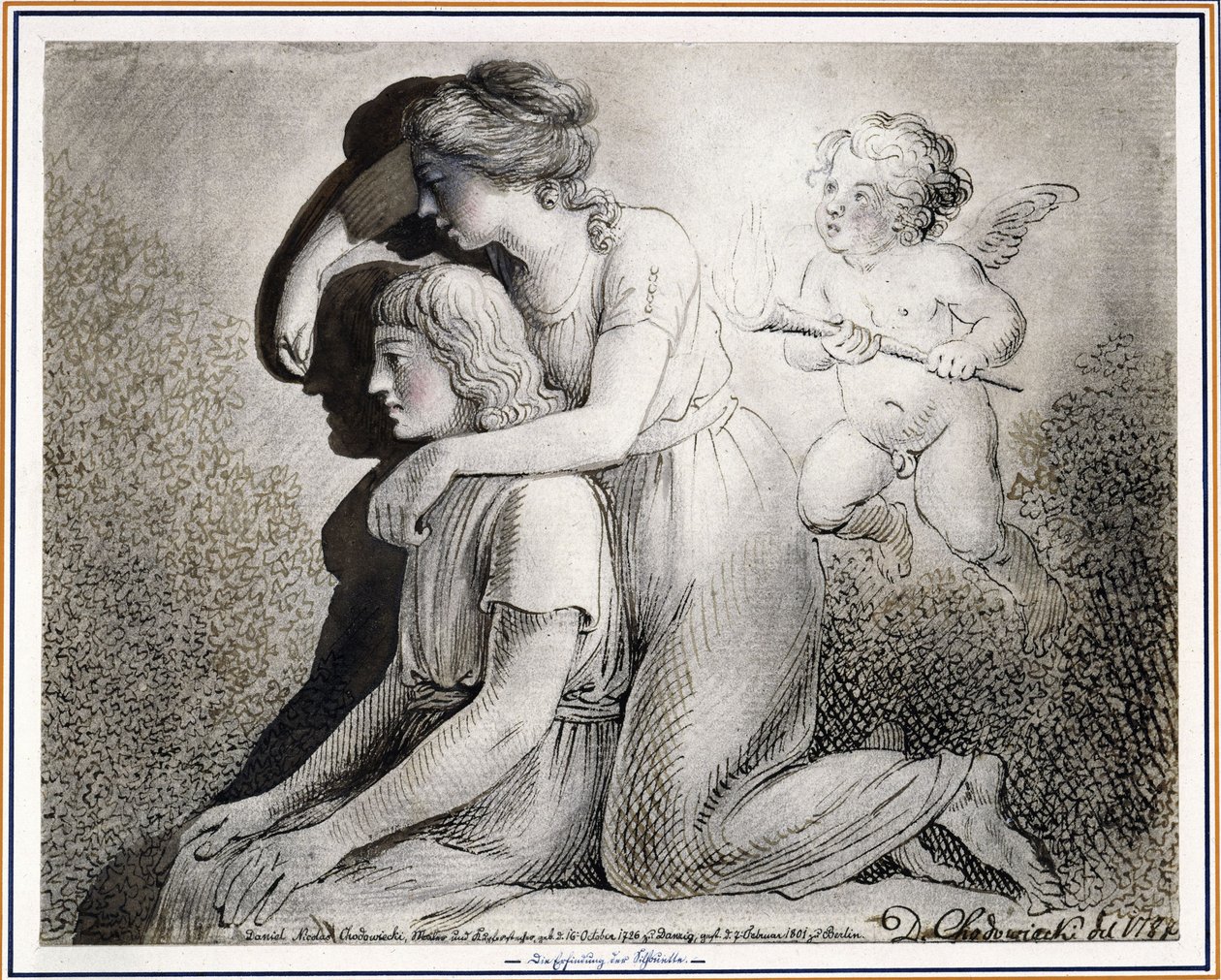 Die Erfindung der Zeichenkunst: Ein Mädchen zeichnet, von Amor angefeuert, die Silhouette eines links vor ihr sitzenden Jünglings an die Wand von Daniel Nikolaus Chodowiecki