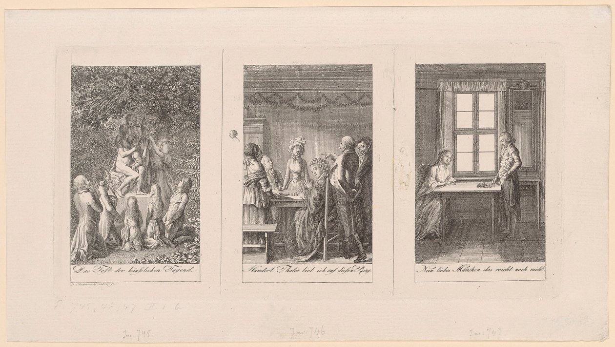 Drei Blätter zu Ehrenbergs „Taschenbuch [...] für 1795“ von Daniel Nikolaus Chodowiecki