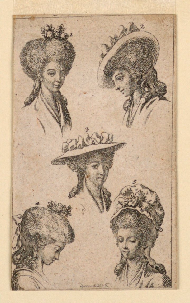 Fünf Kopfbedeckungen, wie sie von Berliner Frauen getragen werden, Illustration für "Königl: Grosbrit [anische] Genealogischer Kalender auf das 1783 Jahr Lauenberg bei J.G. Berenberg" von Daniel Nikolaus Chodowiecki