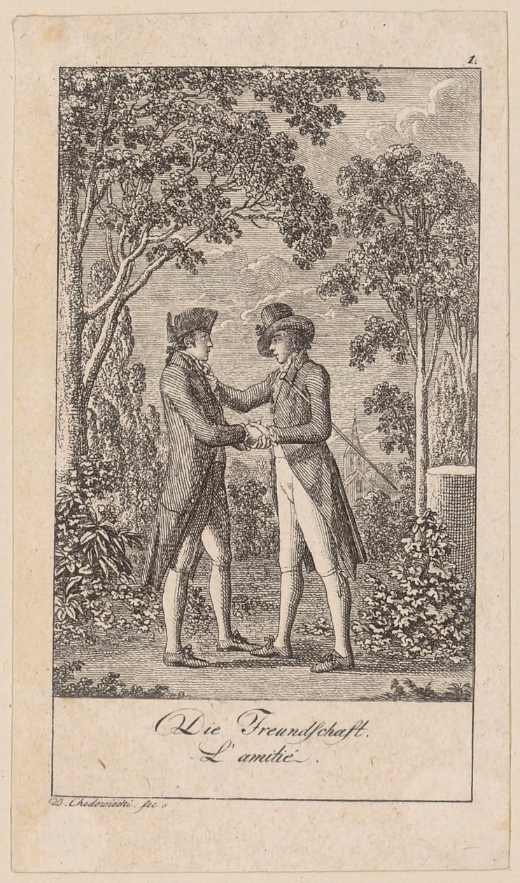 Freundschaft, Blatt 1 der Folge „Aufrichtigkeit und Heuchelei“ von Daniel Nikolaus Chodowiecki