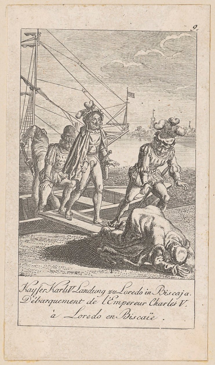 Landung des Kaisers Karl V. in Biscaja, Blatt 9 der Folge "Ältere, mittlere und neuere Geschichte" von Daniel Nikolaus Chodowiecki