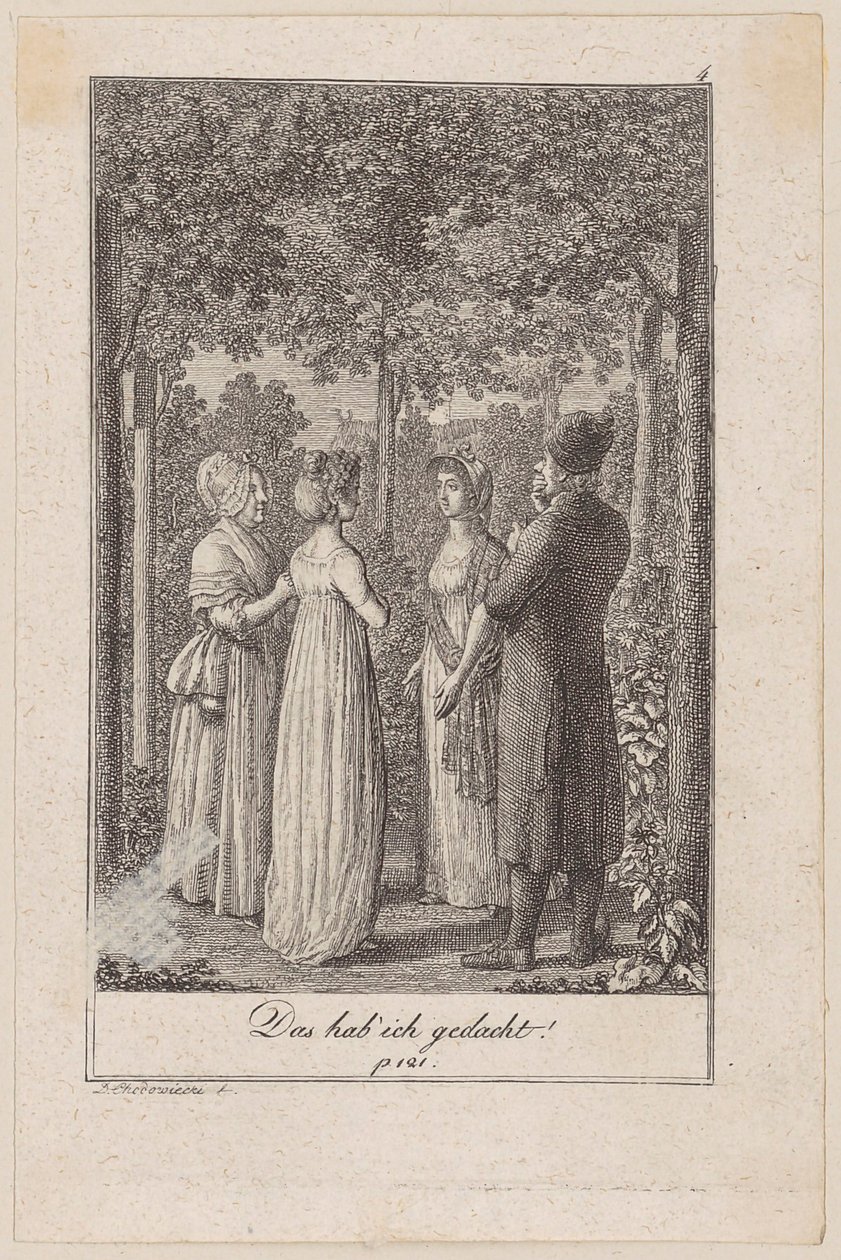 Lottchen besucht Minchen, die vom Treffen mit dem Gutsbesitzer erzählt, Blatt 4 der Folge "Der Ruf in die Stadt" von Daniel Nikolaus Chodowiecki