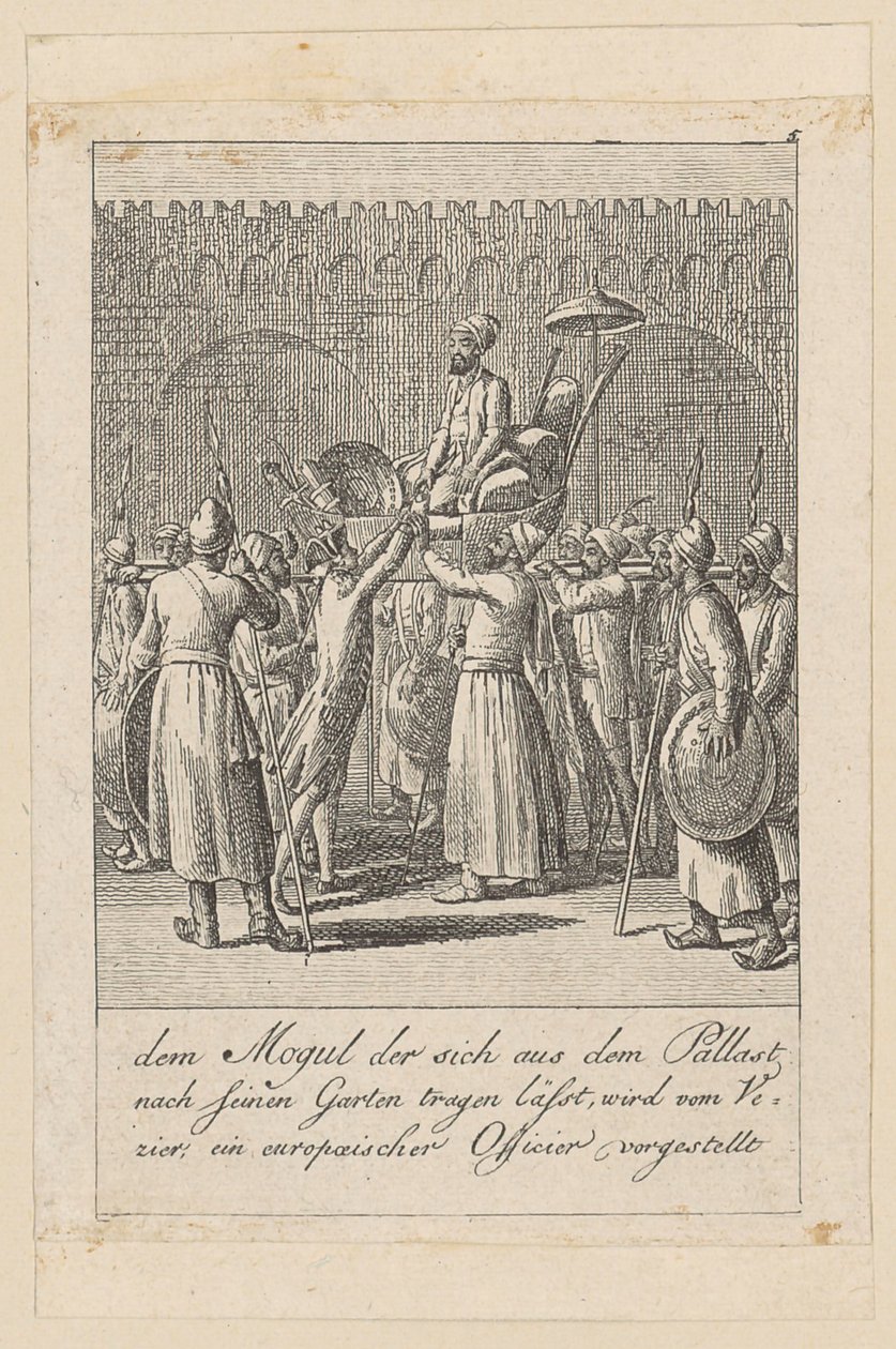 Mogul lässt sich aus dem Palast in den Garten tragen, Blatt 5 der Folge "Ostindische Gebräuche" von Daniel Nikolaus Chodowiecki