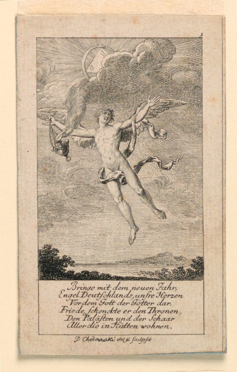 Neujahrswunsch für Deutschland, Illustration für "Königl: Grosbrit [anische] Genealogischer Kalender auf das 1780 Jahr Lauenberg bey J.G. Berenberg" von Daniel Nikolaus Chodowiecki