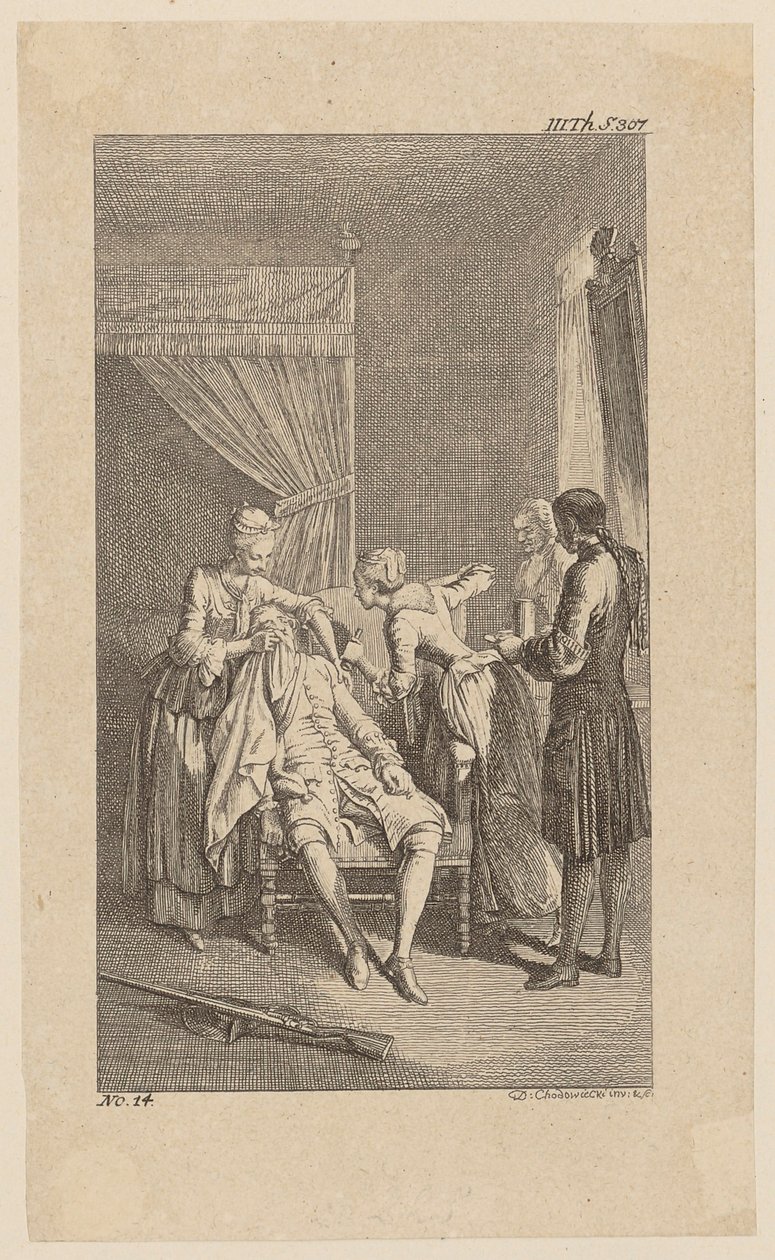 Ohnmächtiger Durour im Haus seiner früheren Geliebten Miss Dellon, Blatt 14 aus "Leben Bemerkungen und Meinungen Johann Bunkels" von Daniel Nikolaus Chodowiecki