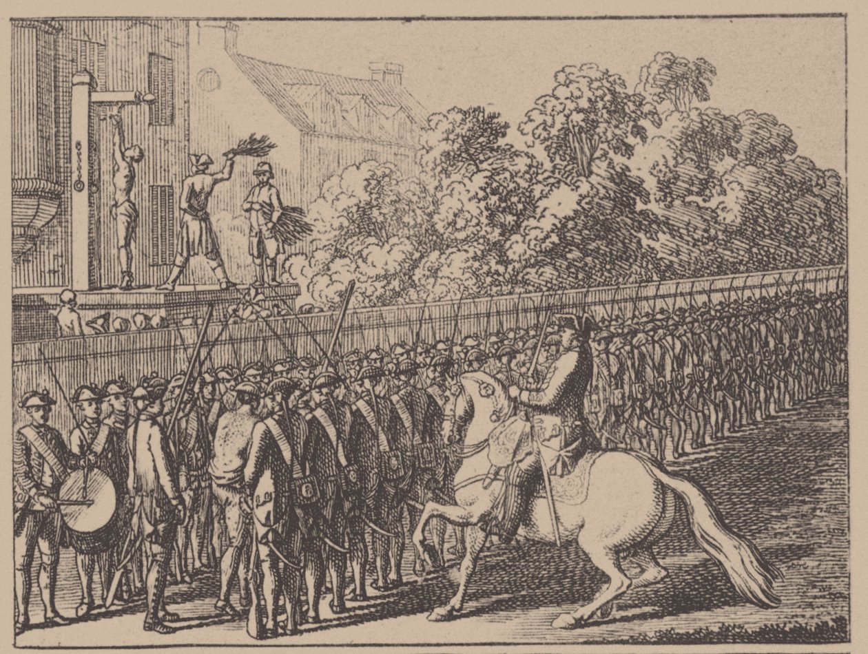Durch die Gasse laufen. Illustration aus Elementartwerk von J.B. Basedow von Daniel Nikolaus Chodowiecki