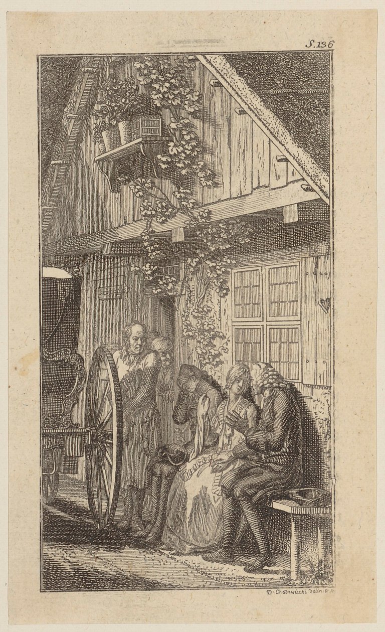 Sebaldus, Mariane und Säugling auf einer Bank vor dem Bauernhaus von Daniel Nikolaus Chodowiecki