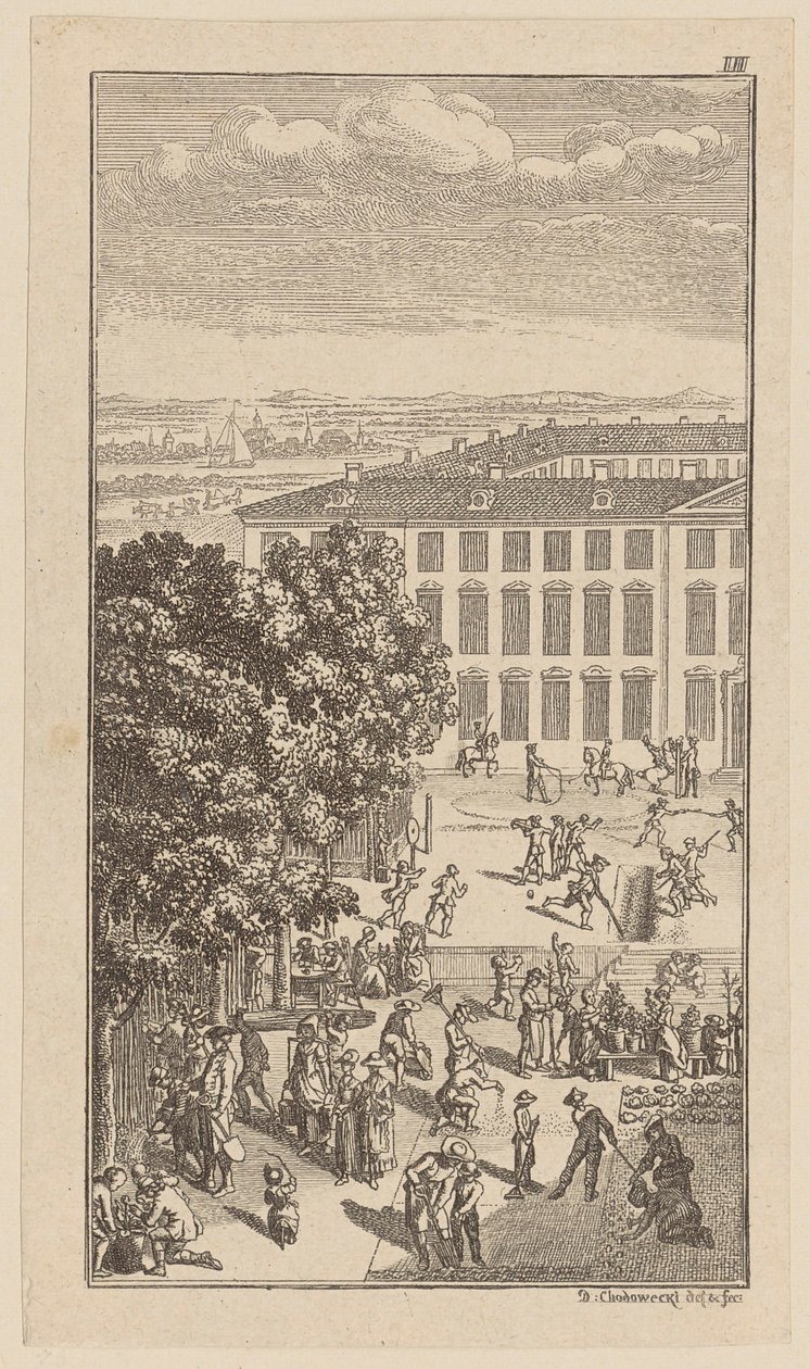 Seminargebäude, davor gymnastische Übungen und Gärtnerarbeiten von Daniel Nikolaus Chodowiecki