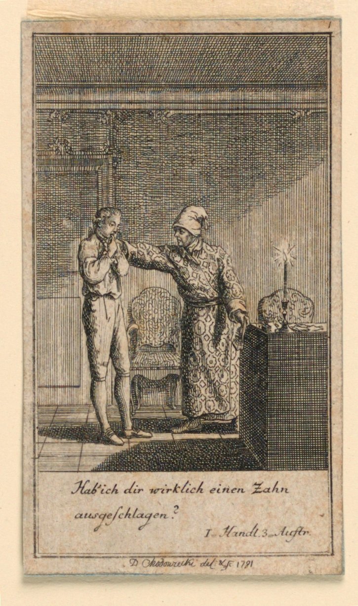Die Ohrfeige, Illustration des Stücks "Nicht mehr als sechs Schüsseln" von Friedrich Wilhelm Grossmann in "Königl: Grosbrit [anische] Genealogischer Kalender auf das 1782 Jahr Lauenberg bei J.G. Berenberg" von Daniel Nikolaus Chodowiecki