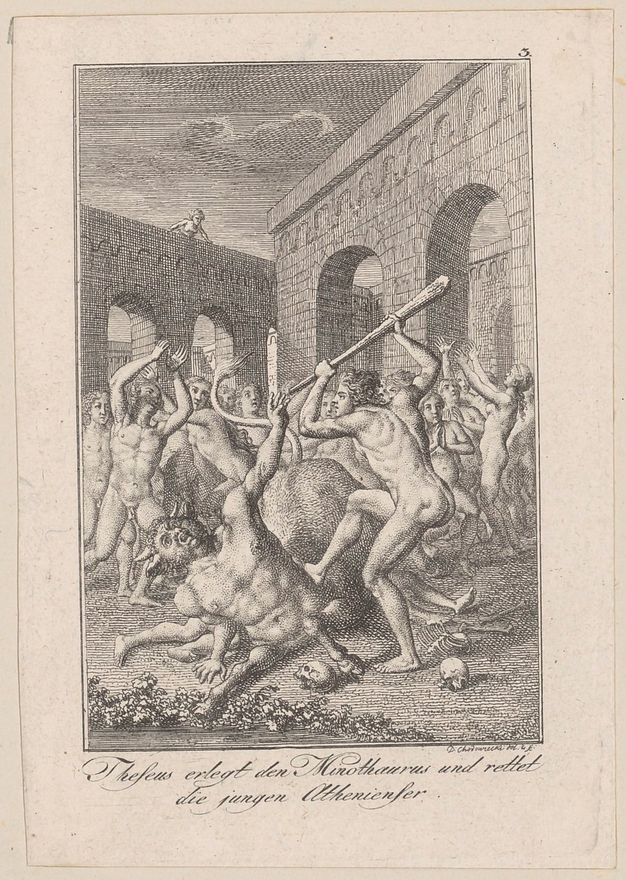 Theseus erlegt den Minotaurus und rettet die jungen Athener, Blatt 3 zu Beckers „Theseus“ von Daniel Nikolaus Chodowiecki