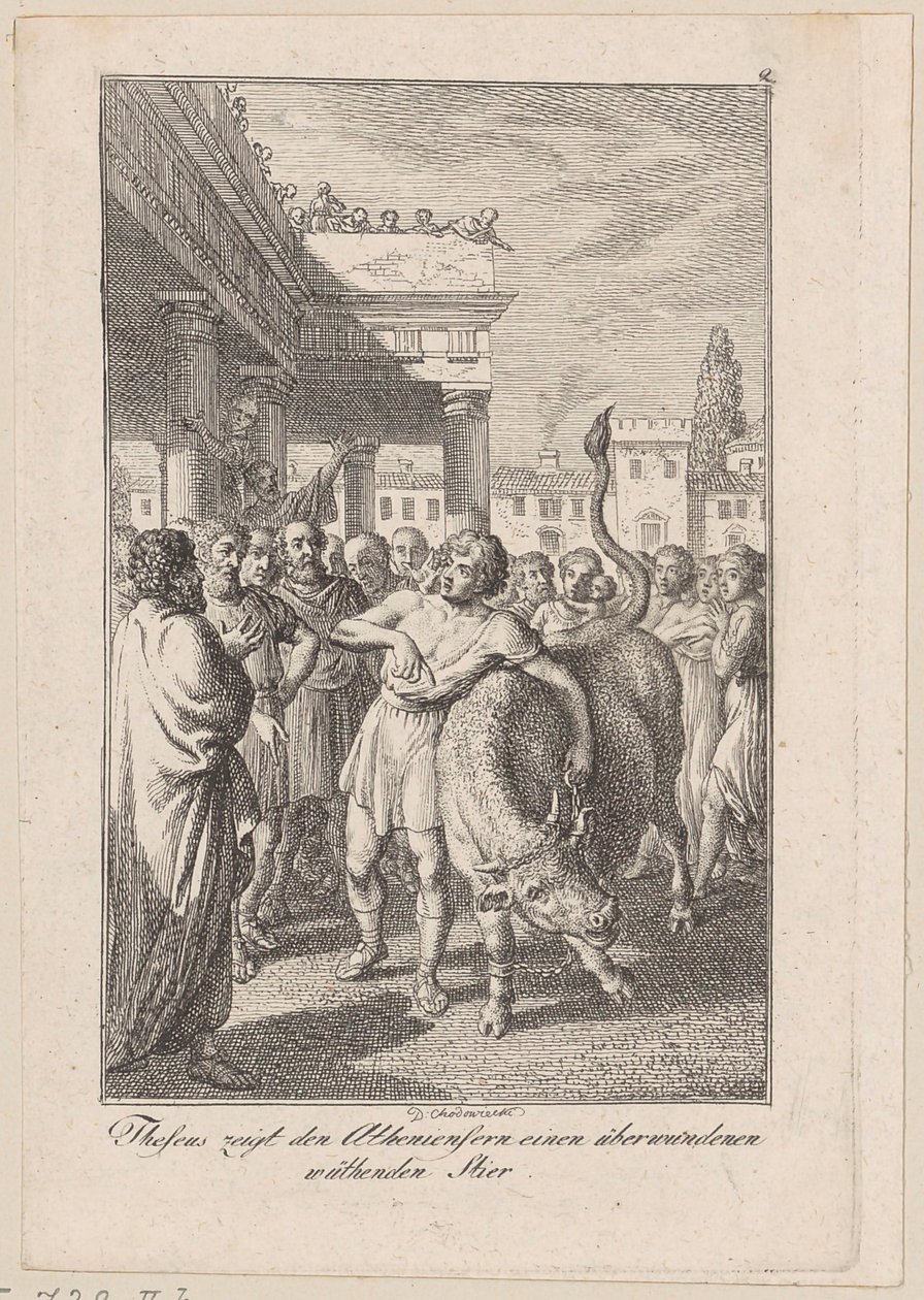 Theseus zeigt den Athenern einen überwundenen wütenden Stier, Blatt 2 zu Beckers "Theseus" von Daniel Nikolaus Chodowiecki