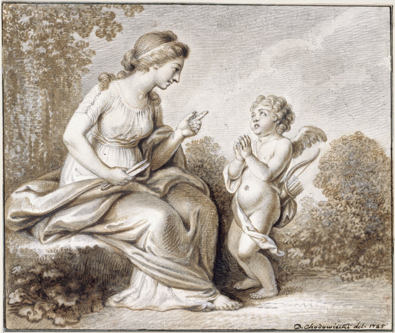 Venus droht dem rechts vor ihr stehenden Amor, die Flügel zu beschneiden von Daniel Nikolaus Chodowiecki