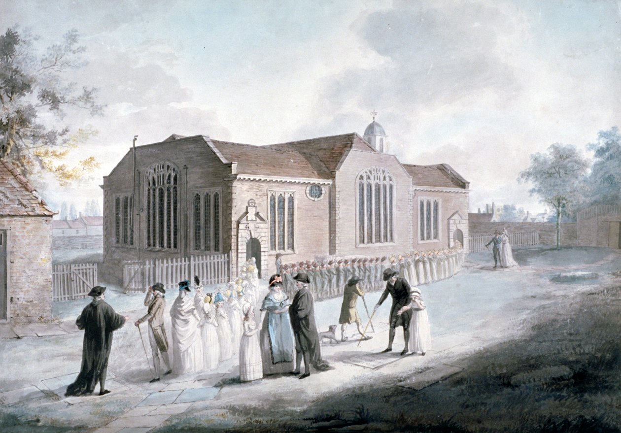Eine Prozession von Schulkindern betritt die Broadway Chapel, Westminster, London, 1797 von Daniel Orme