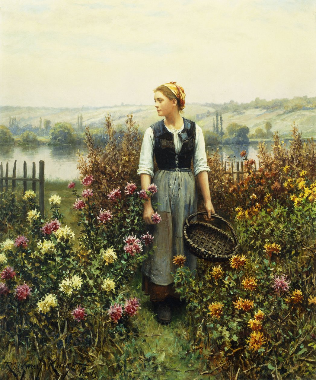 Mädchen mit einem Korb im Garten von Daniel Ridgway Knight