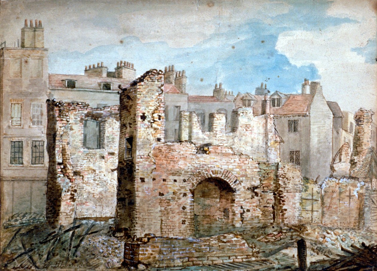 Ruinen eines durch Feuer beschädigten Gebäudes in Bear Yard, Westminster, London von Daniel Thorn