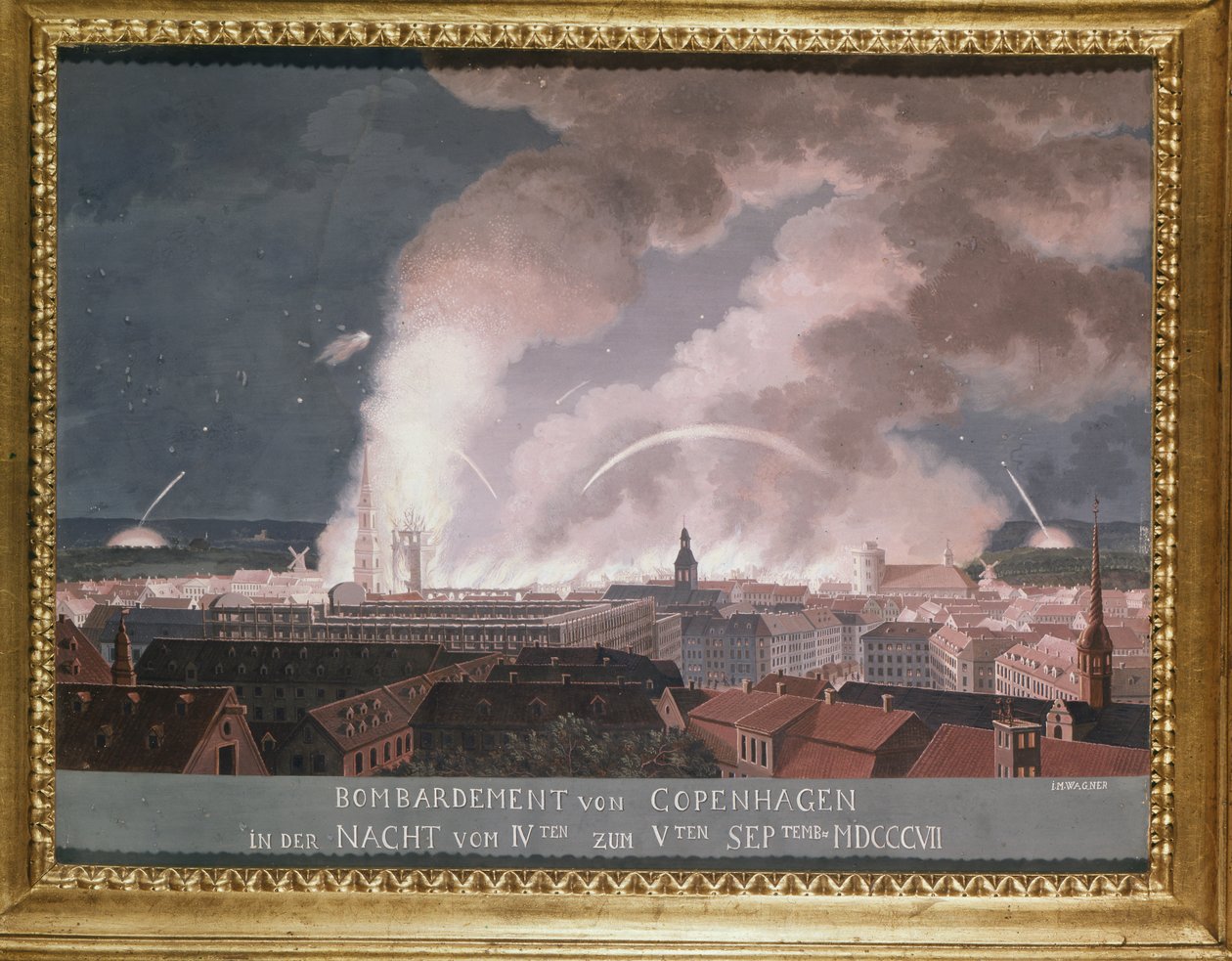 Die zweite Schlacht von Kopenhagen (oder die Bombardierung von Kopenhagen) 1807 von Danish School