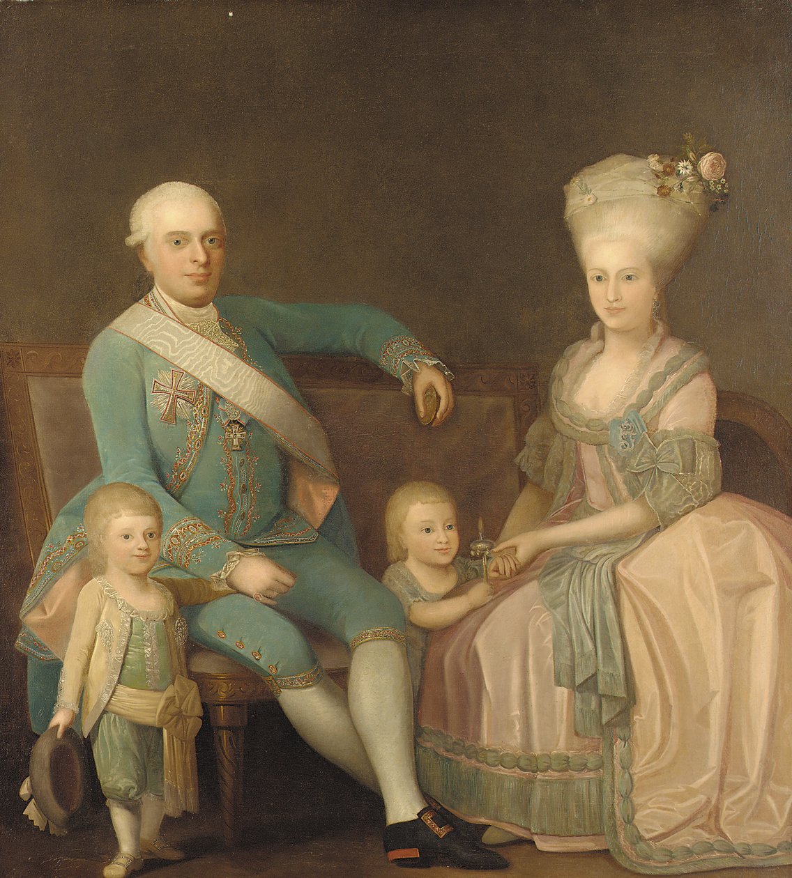 Porträt einer Familiengruppe, vermutlich Engel Ernst von Schack, seine Frau Mette Pauline von Schack, geb. Rosenorn, und ihre Kinder von Danish School