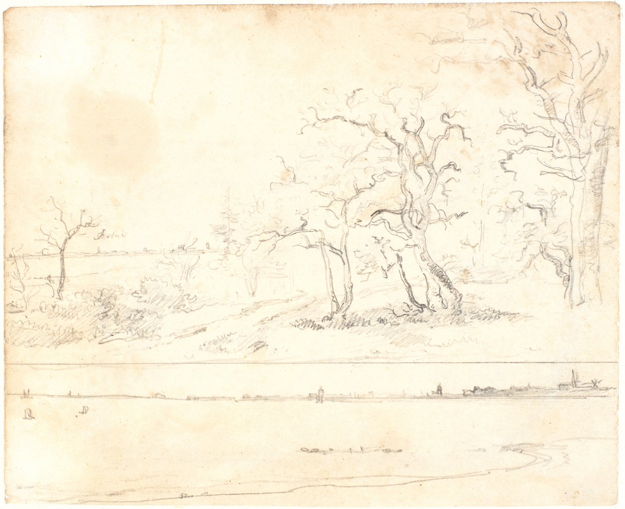 Eine Küste bewachsen mit dichtem Wald, im Hintergrund eine Stadt. Unten: Studie zum selben Bild von Dankvart Dreyer