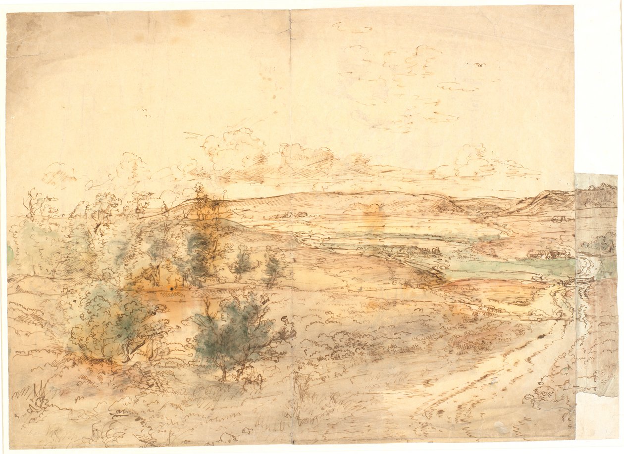Weite Aussicht über eine Landschaft mit großen Hügeln um einen Wiesenbach. Westfünen? von Dankvart Dreyer