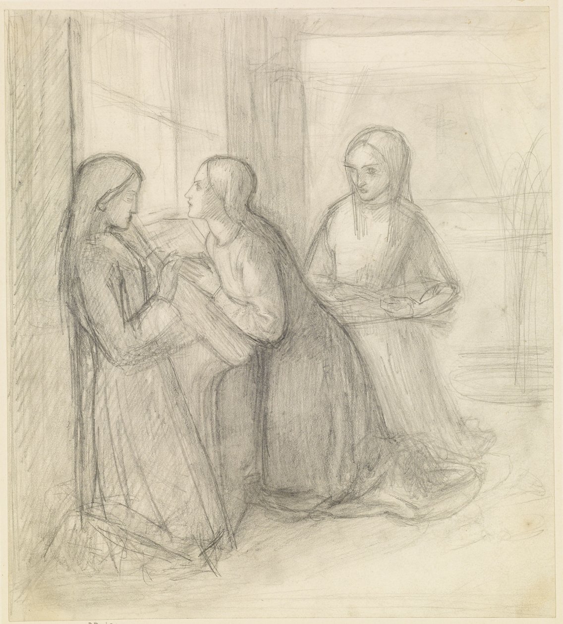 (Möglicherweise) Die heilige Elisabeth von Ungarn kniend mit ihren Gefährtinnen Isentrudis und Guta von Dante Gabriel Charles Rossetti