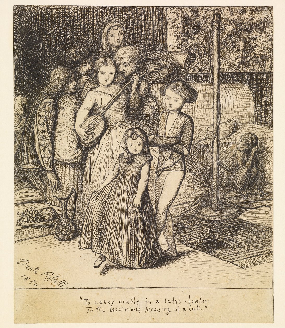 Behände im Gemach einer Dame zum wollüstigen Wohlklang einer Laute herumzuspringen von Dante Gabriel Rossetti