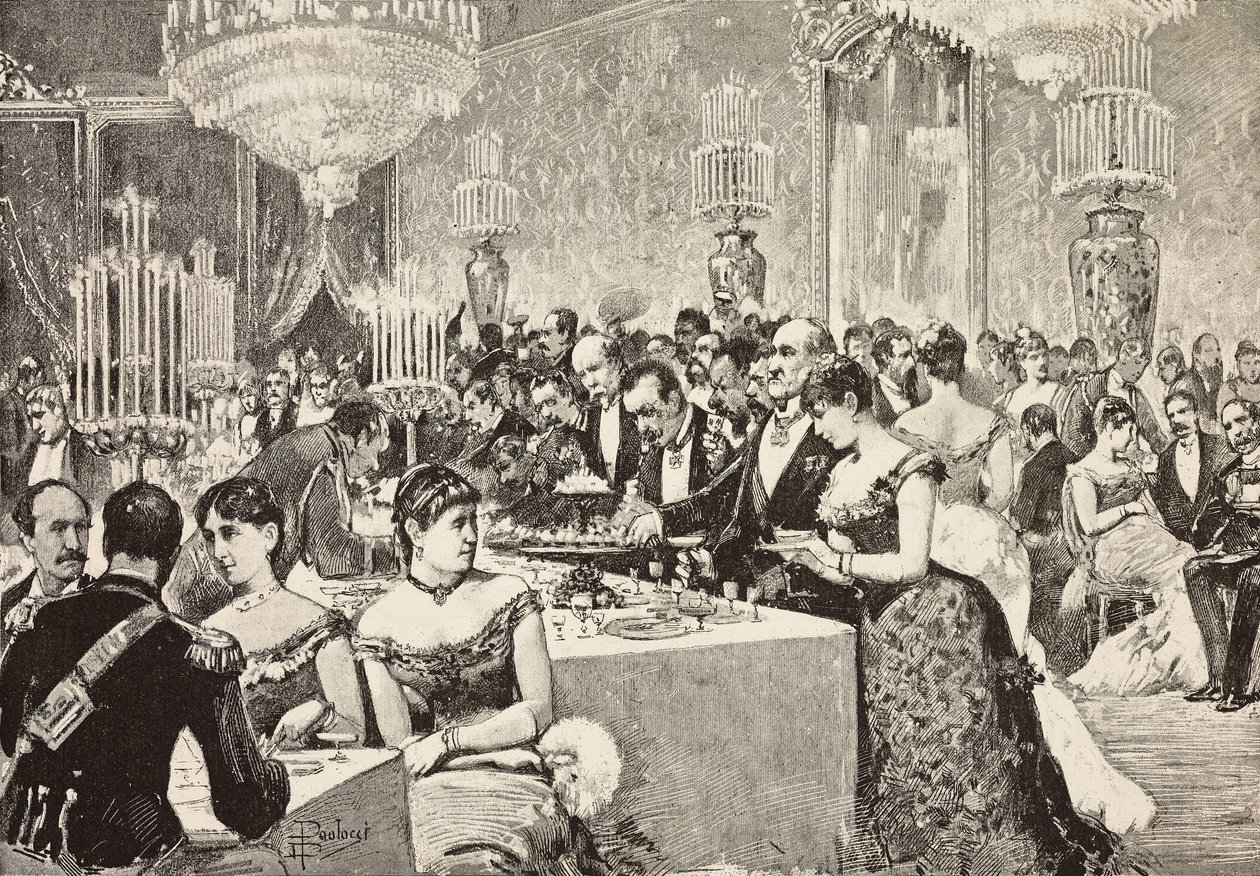 Buffetraum, Hofball im Quirinalspalast, Rom, Italien, Gravur nach einer Zeichnung von Dante Paolocci, aus L