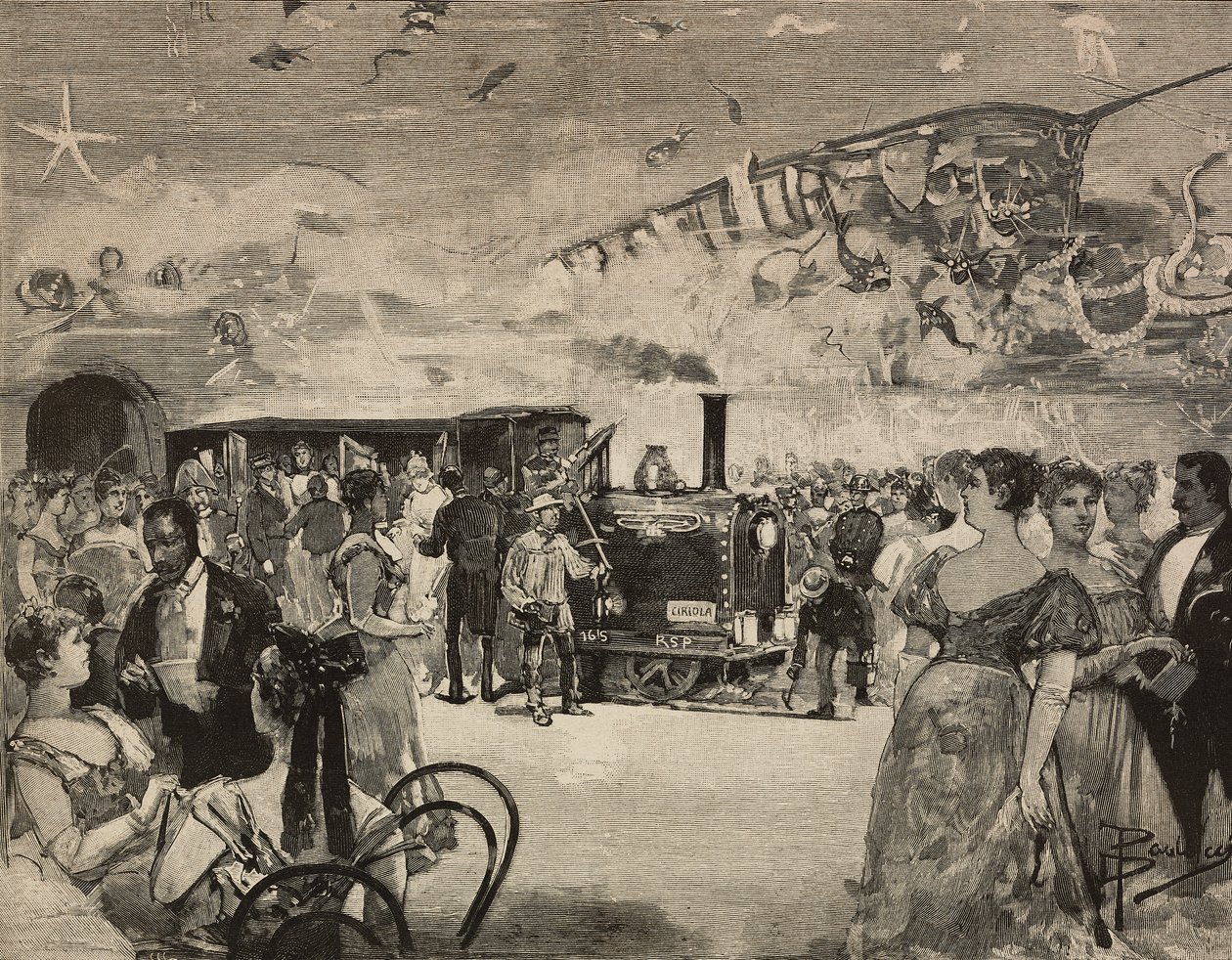 Karnevalsparty im Internationalen Künstlerclub (Circolo Artistico) von Rom, Italien (Stich nach Zeichnung von Dante Paolocci, aus L