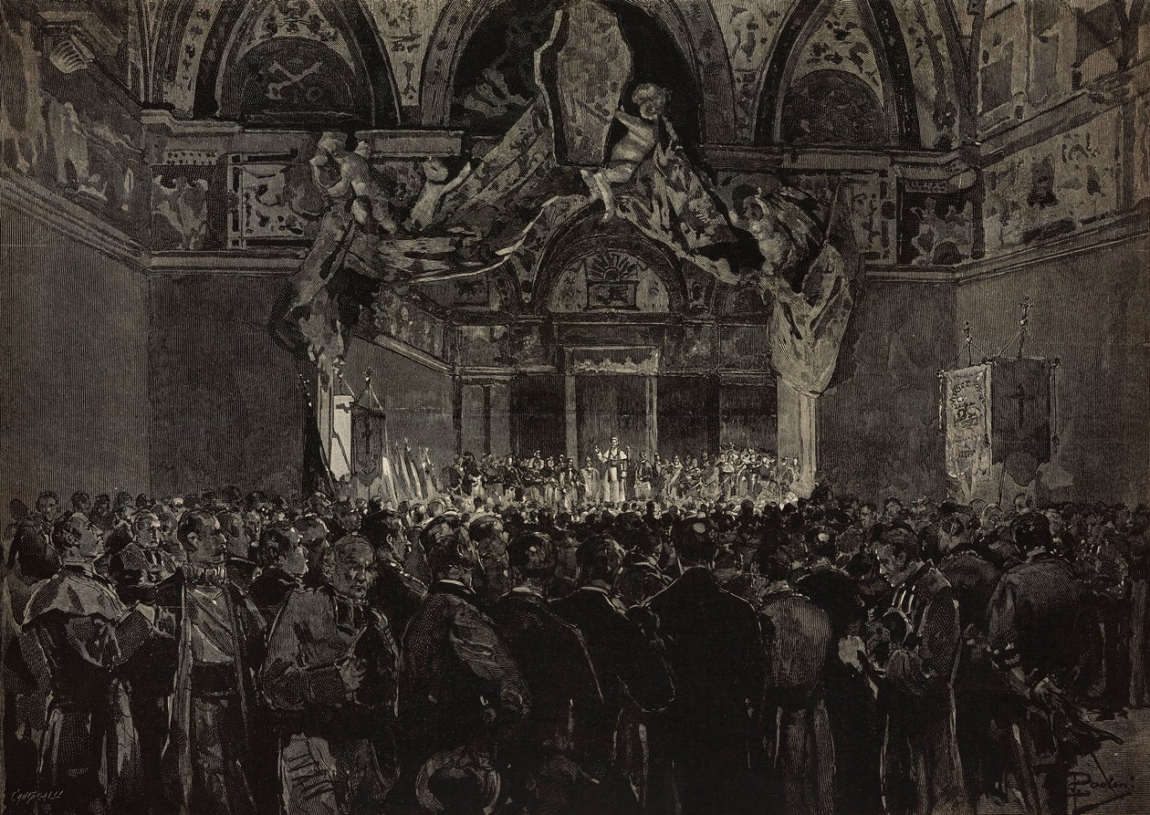 Leo XIII. empfängt französische Pilger in der Herzogshalle, Päpstliches Jubiläum, Vatikan, Gravur nach Zeichnung von Dante Paolocci, aus L