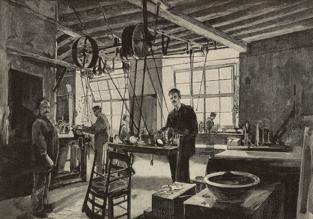 Mechanische Werkstatt in der Münze von Rom, Italien, Gravur nach Zeichnung von Dante Paolocci, aus L