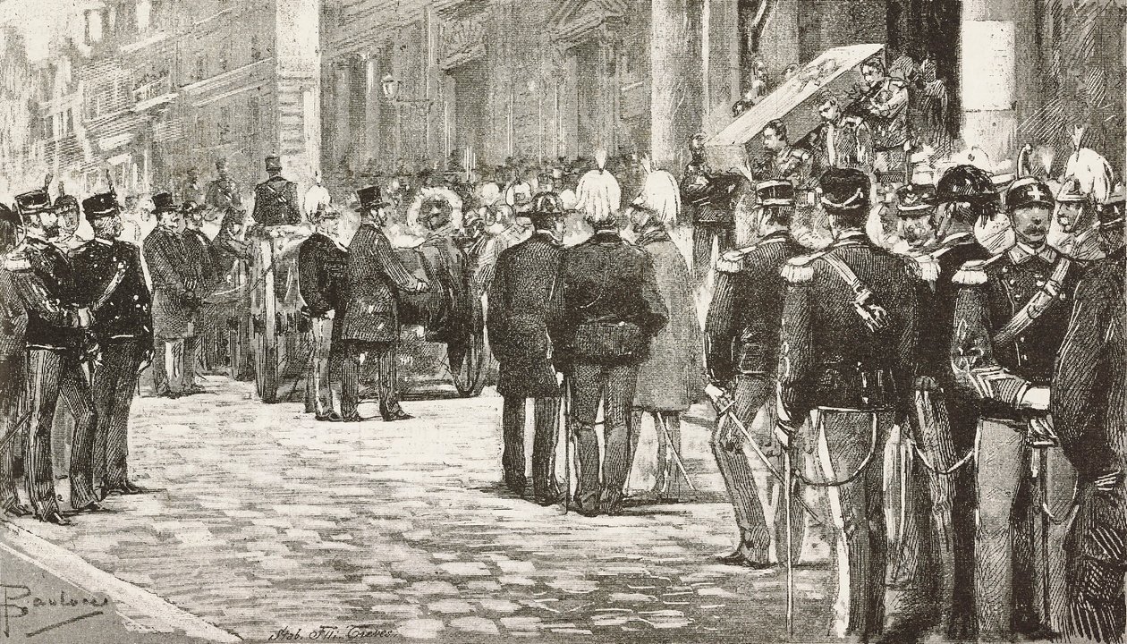 Politiker und Offiziere bei der Trauerprozession von Luigi Mezzacapo (1814-1885), italienischer Politiker und Offizier, Rom, Italien, Gravur nach einer Zeichnung von Dante Paolocci, aus L