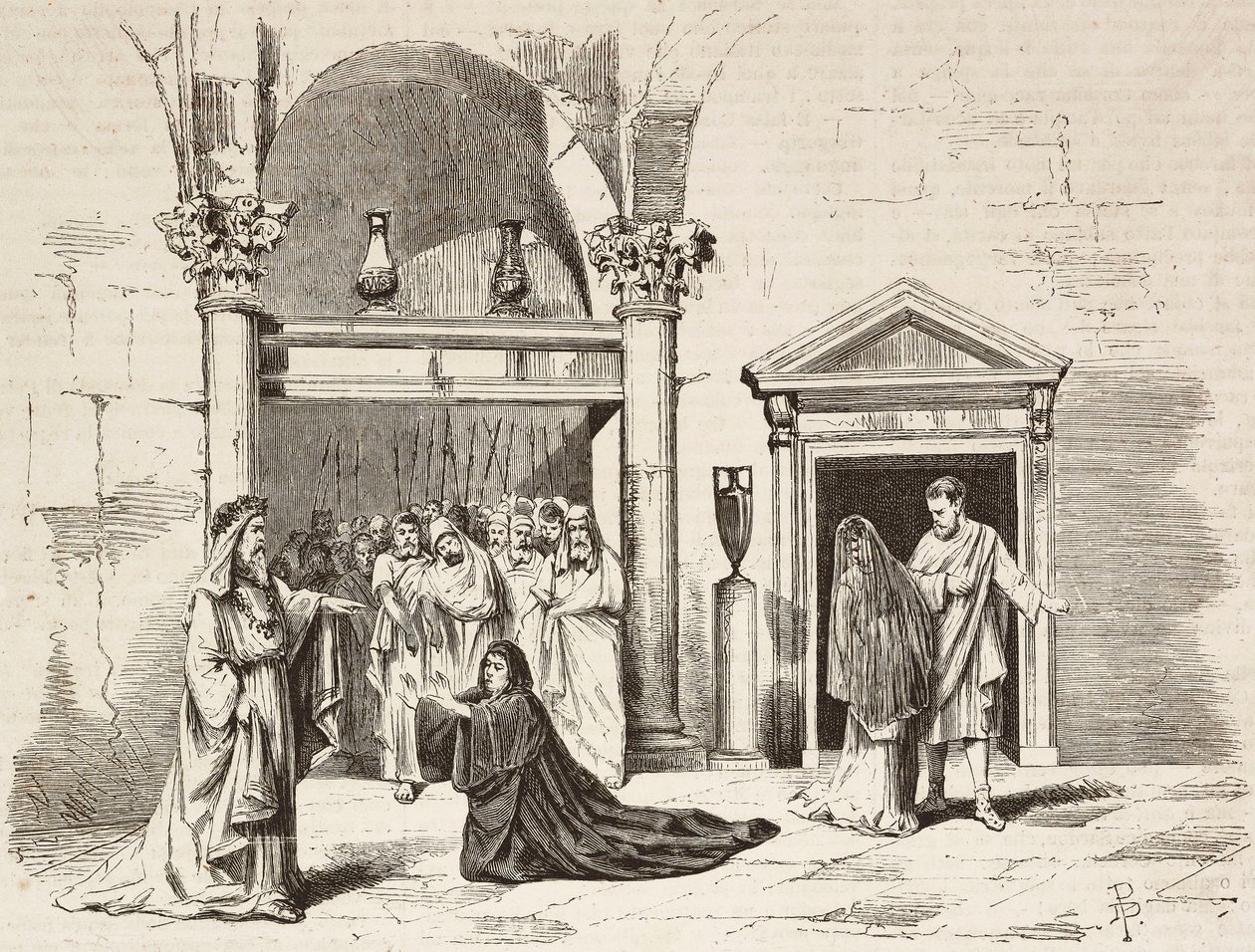 Kabinett des Papstes im Palast, Postumia bittet Fabio Massimo, Rom Vaincue von Alexandre Parodi, Akt V, Gravur von Dante Paolocci nach Skizzen von Zandomenico, aus L