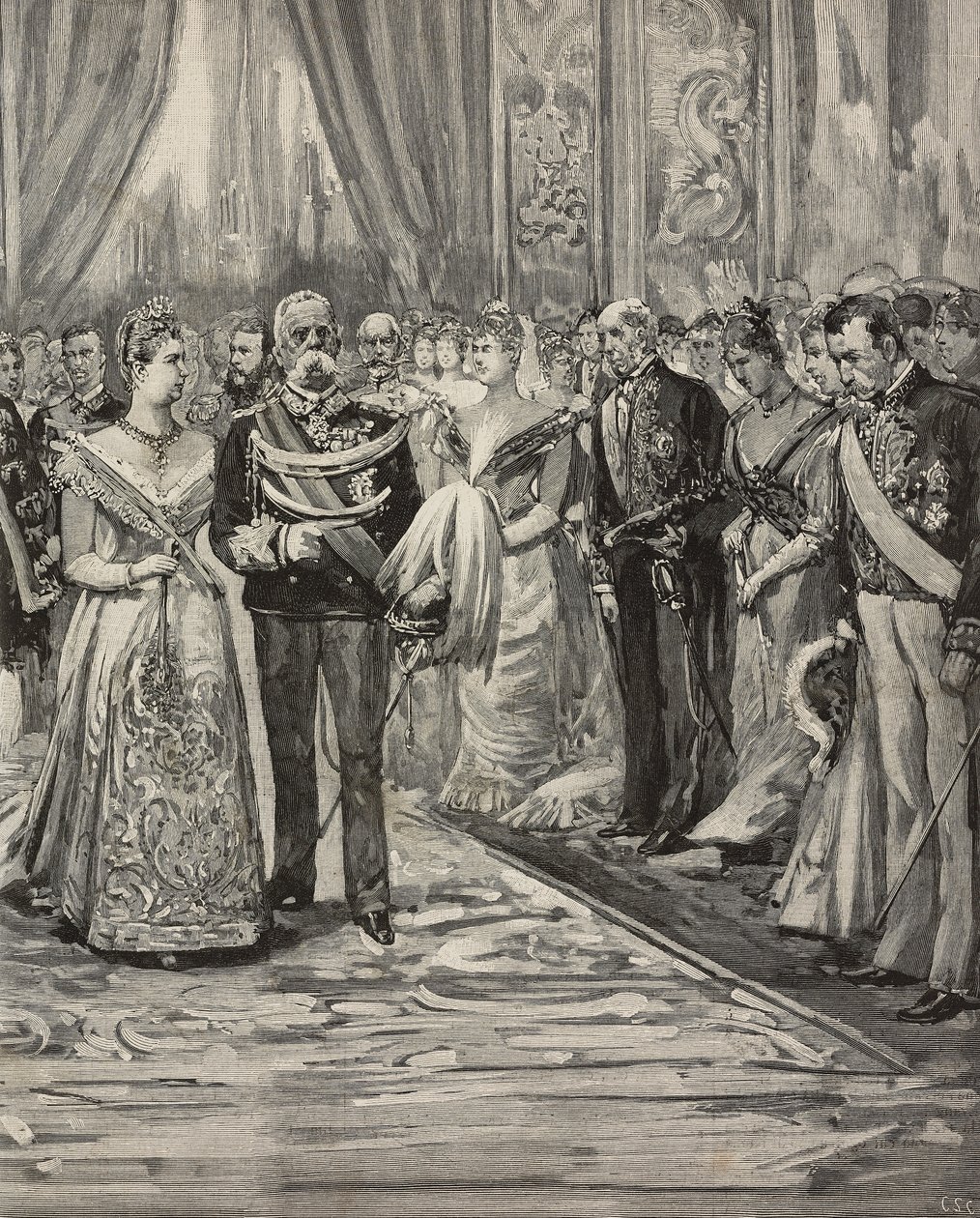 Umberto I. und Margherita von Savoyen bei einem Konzert anlässlich ihrer Silberhochzeit, Palazzo del Quirinale, Rom, Italien (Stich nach einer Zeichnung von Dante Paolocci) von Dante Paolocci
