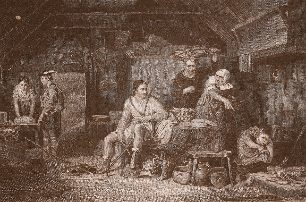 Alfred im Cottage des Viehhirten, graviert von A.H. Payne von David (after) Wilkie