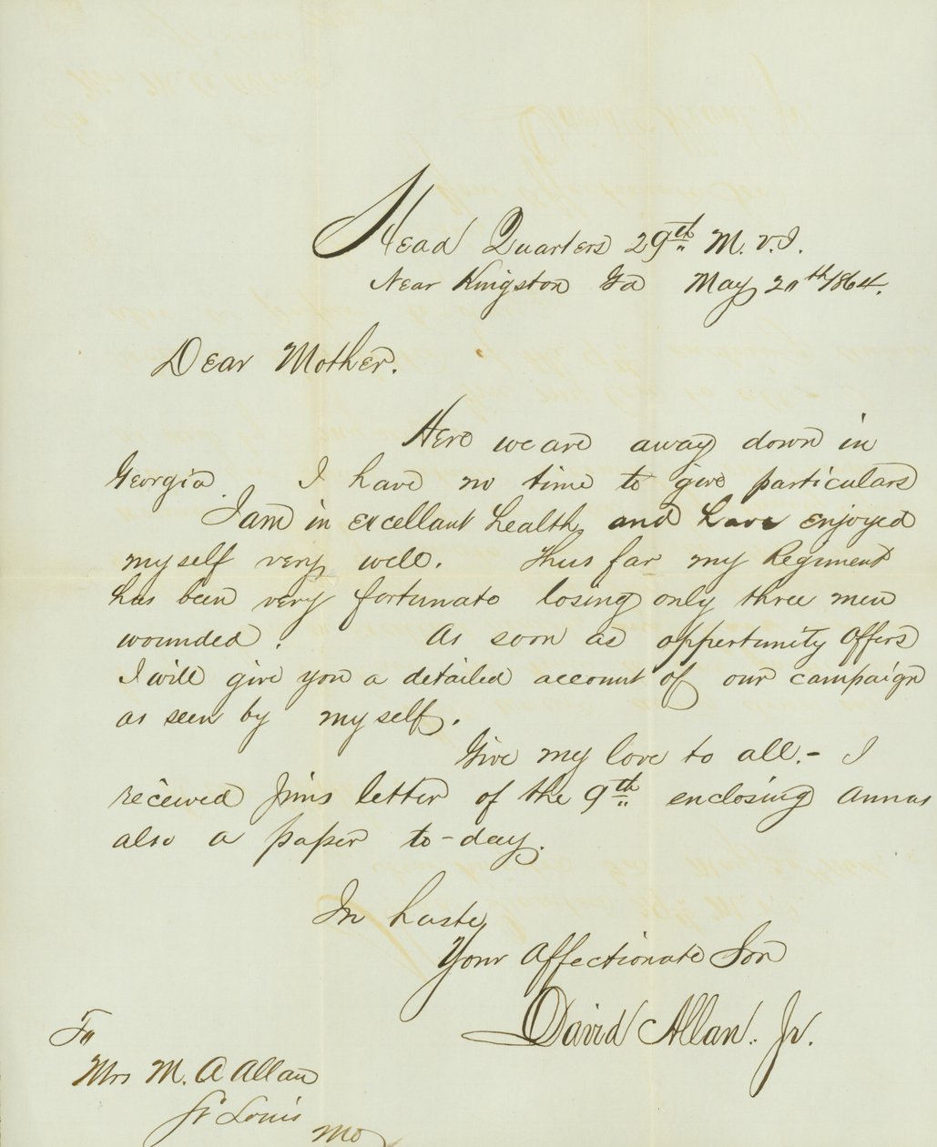 Brief unterzeichnet David Allan, Jr., Hauptquartier 29. M.V.I., in der Nähe von Kingston, Ga., an seine Mutter Frau M.A. Allan, St. Louis, Mo., 20. Mai 1864 von David Allan